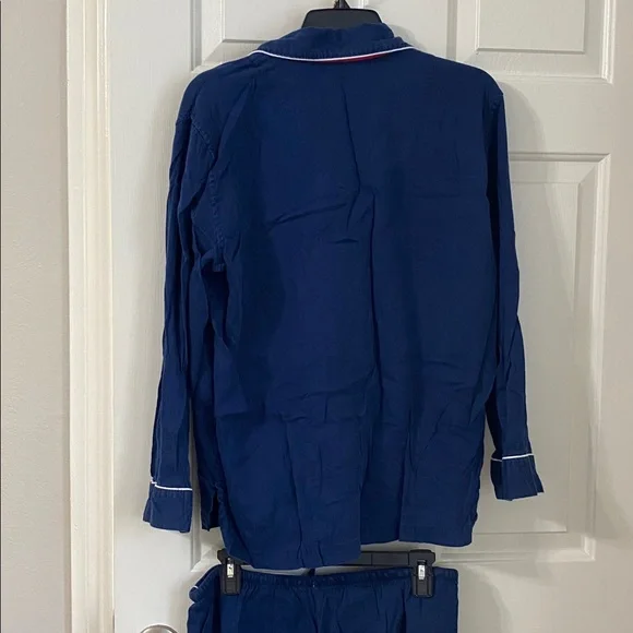 Lauren Ralph Lauren navy/white piping long sleeve notch collar button up pj set - Picture 9 of 10